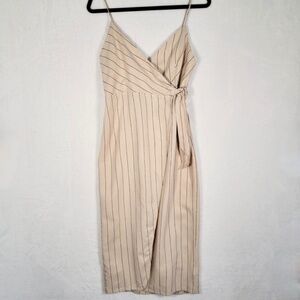 Urban Outfitters Linen Blend Striped Medium Side-Tie Midi Wrap Sun Dress Beach